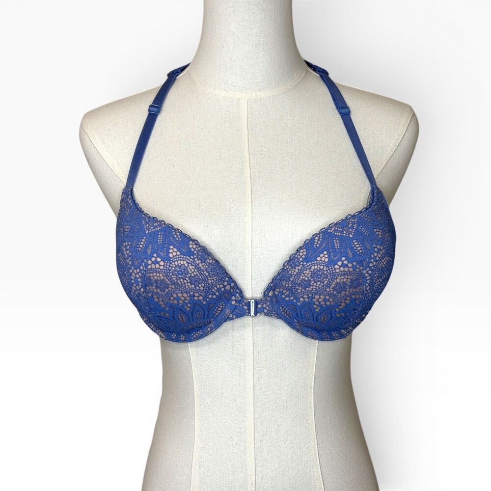 Victoria’s Secret Very Sexy Blue Lace Push Up Bra 34B Front Close Corset Back